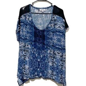 Jennifer Lopez black/blue/white tie dye short sleeve blouse